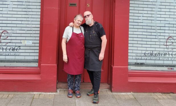 June and George Gall outside the Cateran Café in Blairgowrie.