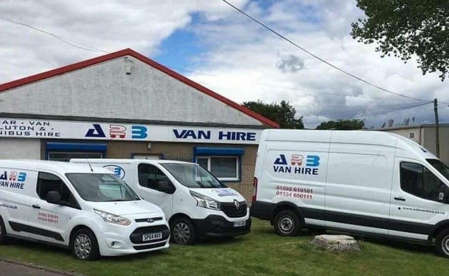 A2B Van Hire's commercial vehicles for hire parked in front of its offices in Fife, UK