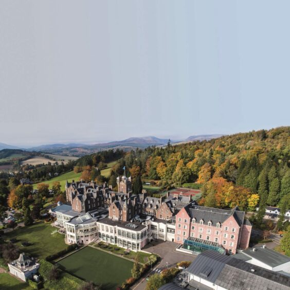 Drone shot of Crieff Hydro Hotel and grounds.