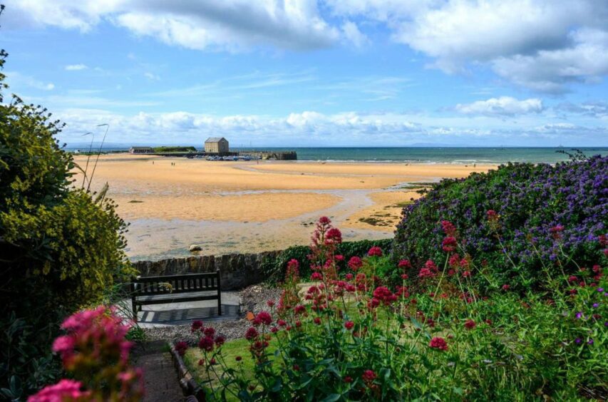 The view from the front garden of 3 The Terrace in Elie, overlooking the beach.