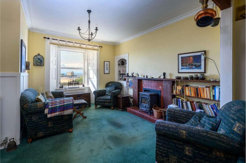 The ground-floor sitting room at 3 The Terrace in Elie, overlooking the beach.