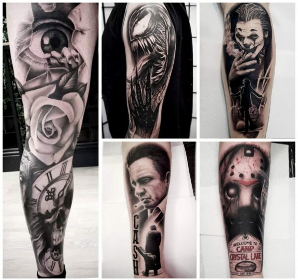 Collage of tattoos done by Heartless Tattoo Studios. The tattoos are with black ink.