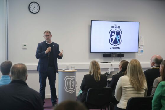 Dundee FC launch The Dundee Academy CIC. Managing director John Nelms pictured speaking. Image: Derek Gerrard Photography.