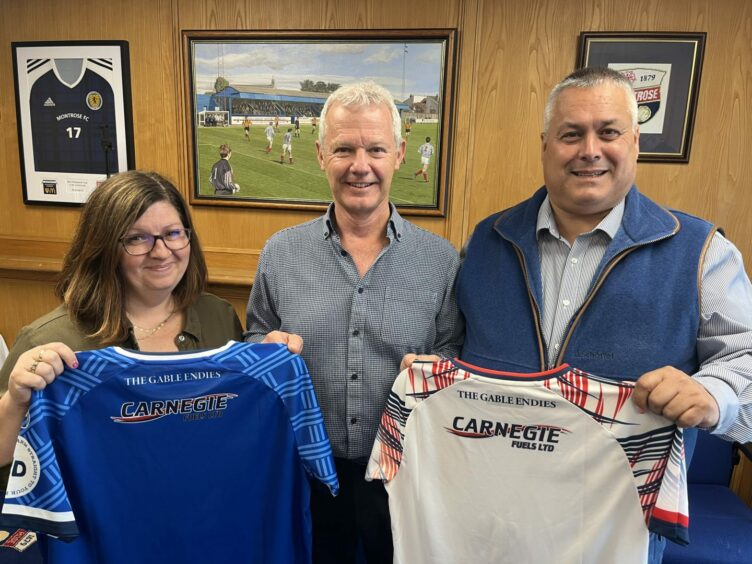 Carnegie Fuels LTD office manager Rosie Carnegie and managing director Kevin Carnegie with Montrose FC chief executive Peter Stuart.