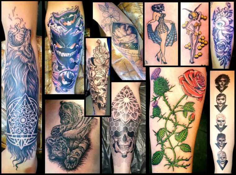 Collage of colourful tattoos by InkDealers.