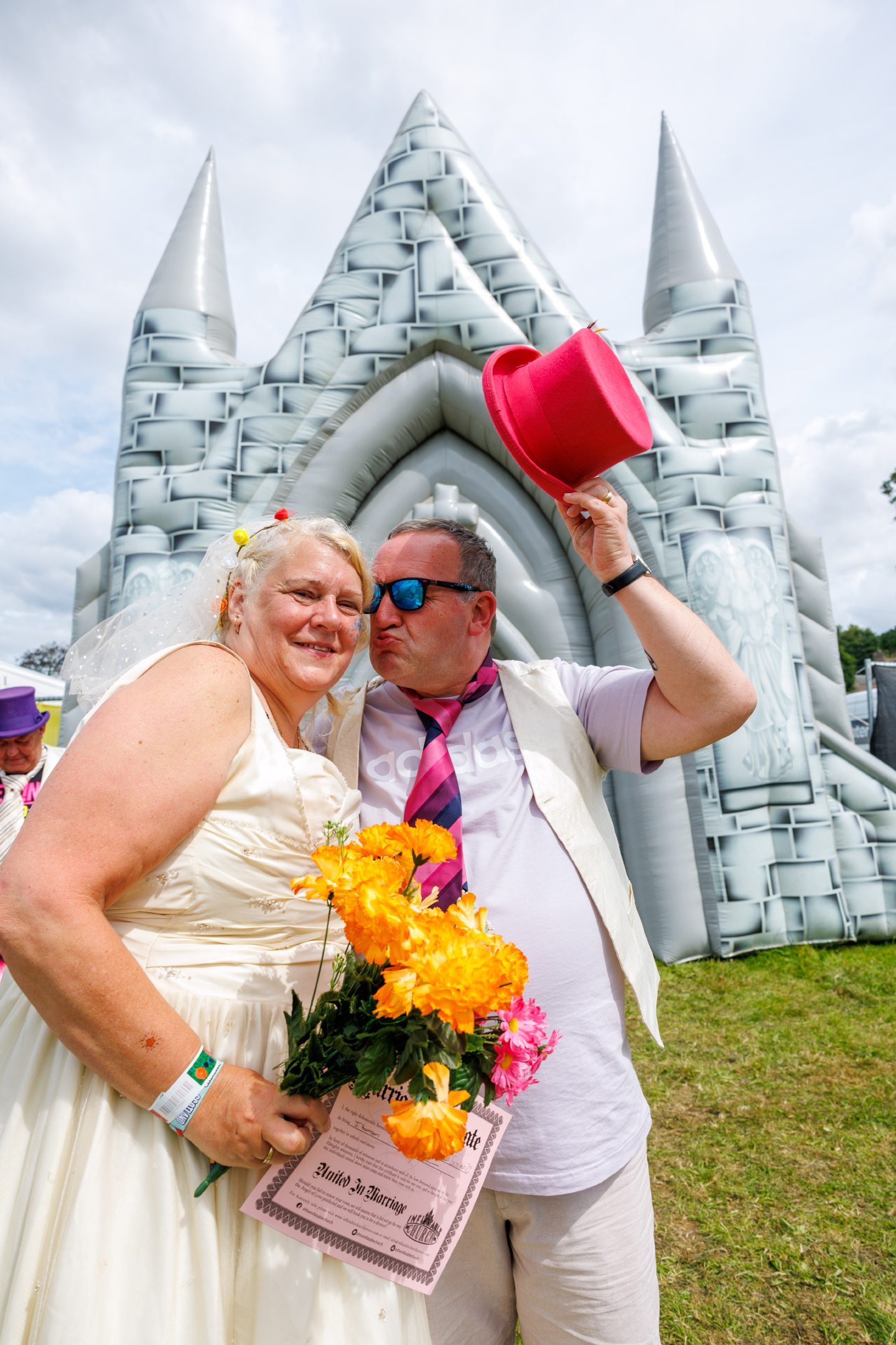 John and Joan Harrison renewed their wedding vows in an inflatable church during Rewind Scotland 2023.