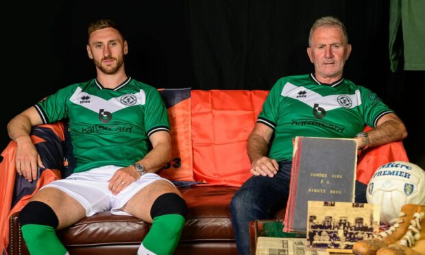 Dundee United ace Louis Moult models the new kit alongside former player Ray Stewarts