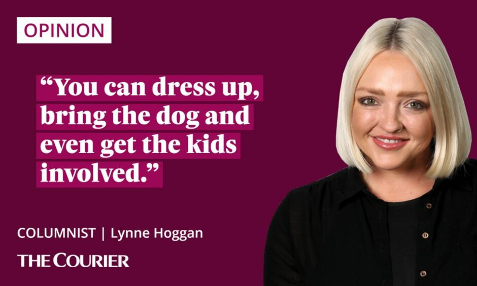 The writer Lynne Hoggan next to a quote: "You can dress up, bring the dog and even get the kids involved."