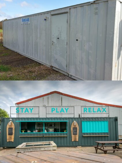 A before and after picture of an office shipping container turned into a cafe and kitchen.