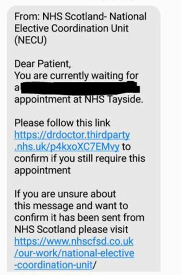 Waiting list text message from NHS Tayside.