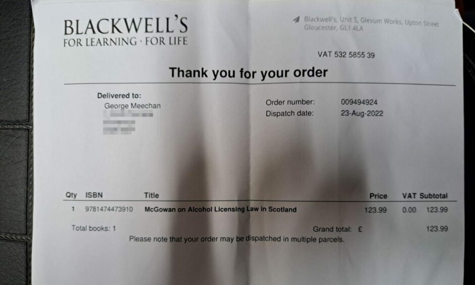 The receipt to Angus councillor George Meechan found in fly-tipping. We have hidden his address. 