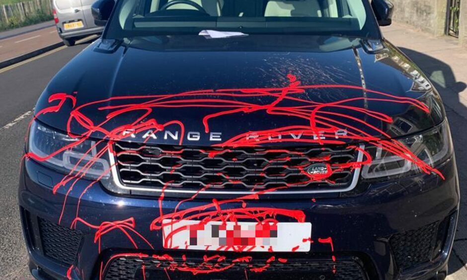 Red sticky substance covered the vandalised Range Rover 4x4 in Broughty Ferry.