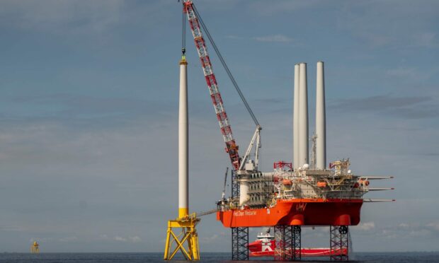 The first turbine has been installed at offshore wind farm Neart na Gaoithe. Image: Spreng Thomson.