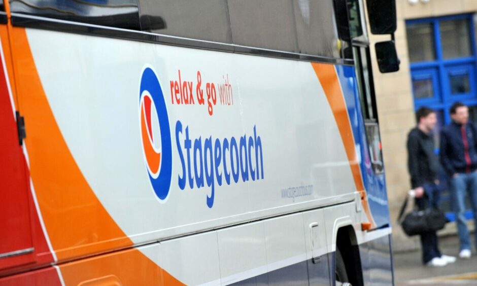 Side of a parked Stagecoach bus, with the logo 'relax and go with Stagecoach'
