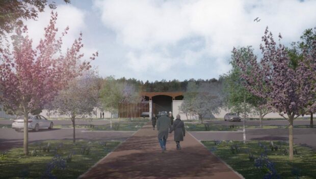 An artist impression of the entrance to the proposed new crematorium building in Glenrothes. Image: Dignity Plc