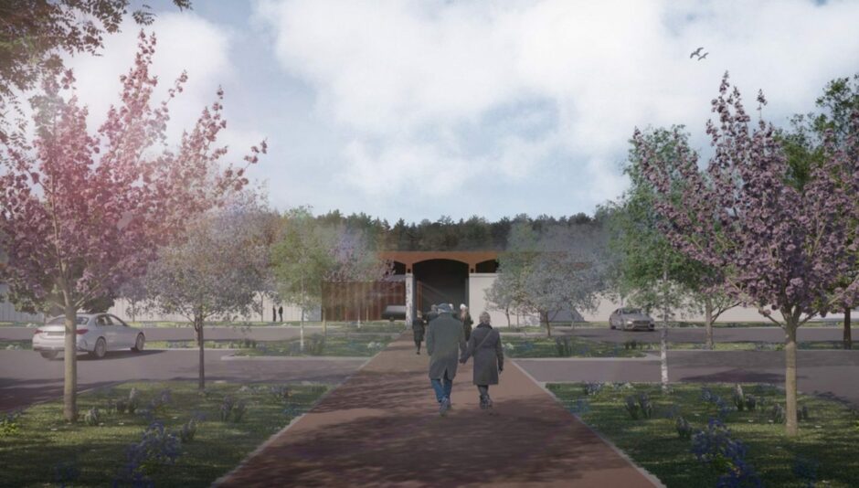 An artist impression of the entrance to the proposed new crematorium building in Glenrothes.