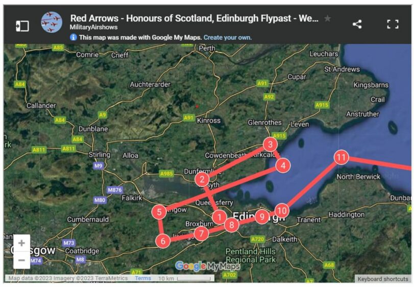 A map of the east coast of Scotland showing the expected route the Red Arrows will take over Edinburgh and Fife. Image: UK Military Airshows.
