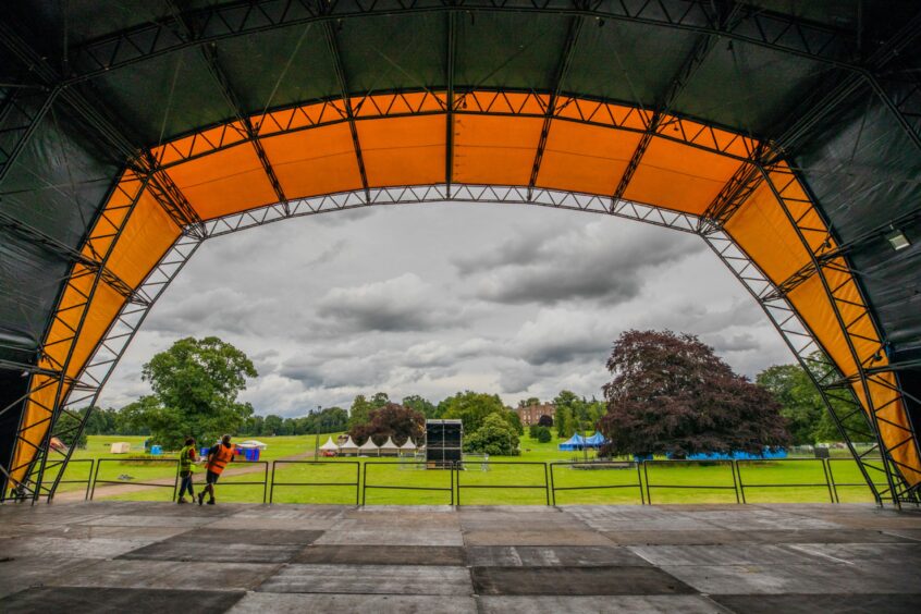 View from the back of the Rewind festival main stage looking across the festival ground at Scone Palace.