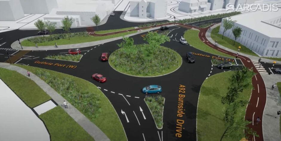 Arbroath active travel scheme designs show a new look for Guthrie Port roundabout.