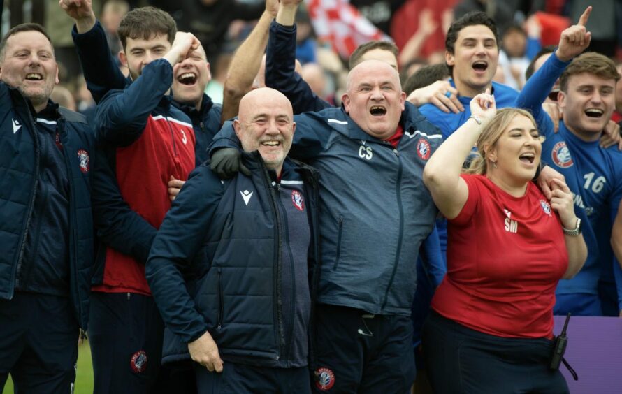 Dougie Samuel, pictured after winning promotion with Spartans. 