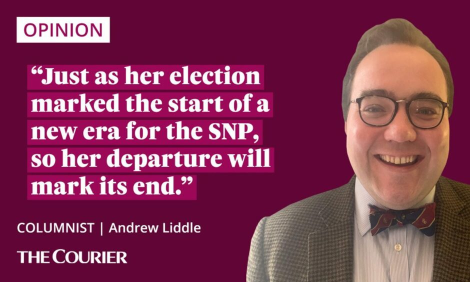 The writer Andrew Liddle next to a quote: "Just as her election marked the start of a new era for the SNP, so her departure will mark its end."