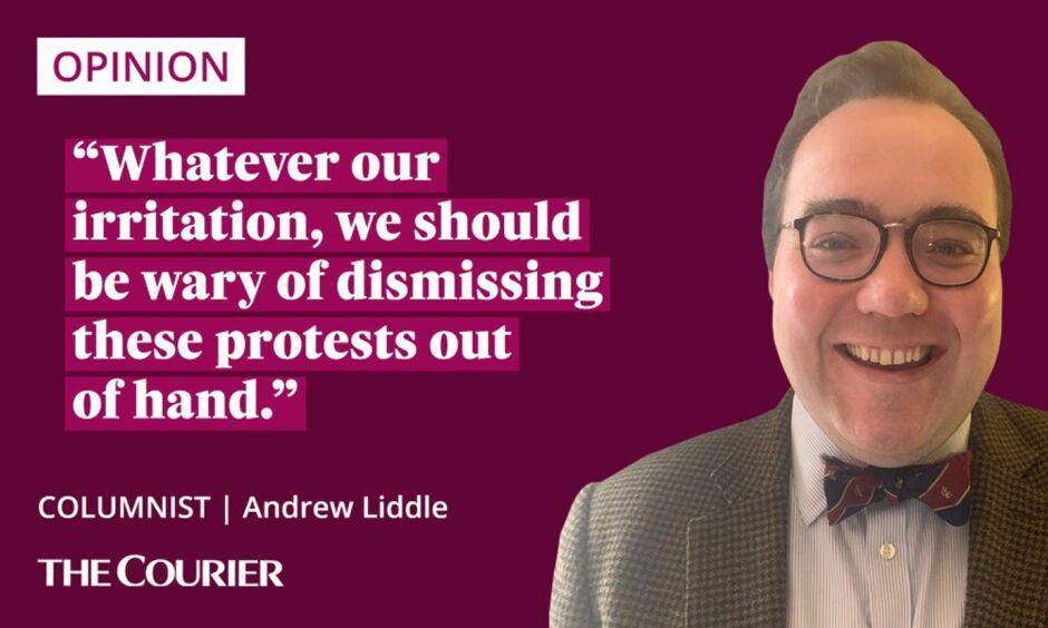 The writer Andrew Liddle next to a quote: "Whatever our irritation, we should be wary of dismissing these protests out of hand."