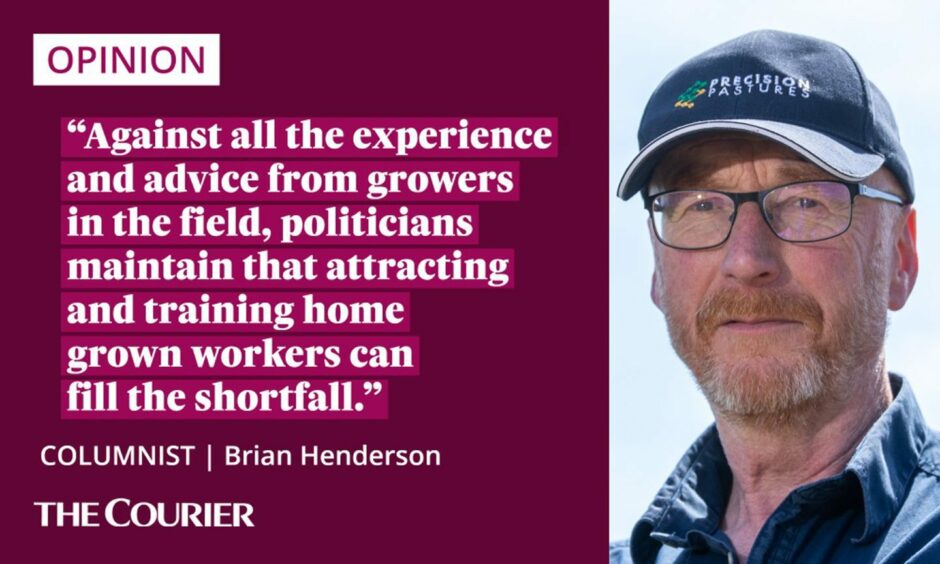 The writer Brian Henderson next to a quote: "Against all the experience and advice from growers in the field, they maintain that attracting and training home grown workers can fill the shortfall."