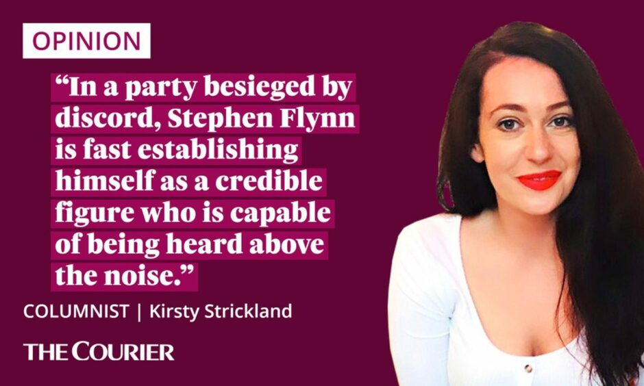 The writer Kirsty Strickland next to a quote: "In a party besieged by discord, Stephen Flynn is fast establishing himself as a credible figure who is capable of being heard above the noise."