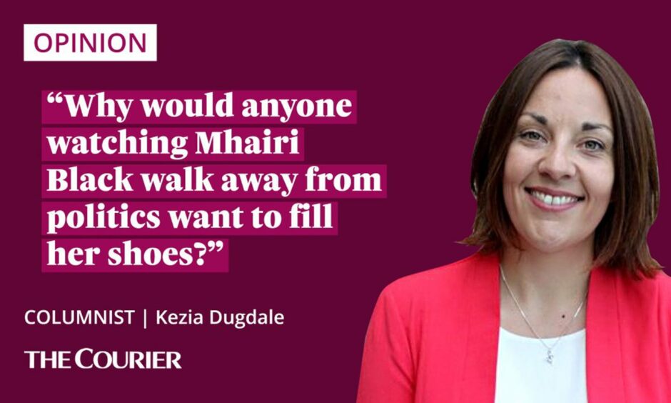 The writer Kezia Dugdale next to a quote: "Why would anyone watching Mhairi Black walk away from politics want to fill her shoes?"