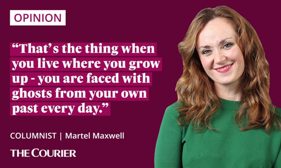 The writer Martel Maxwell next to a quote: "That's the thing when you live where you grow up - you are faced with ghosts from your own past every day."