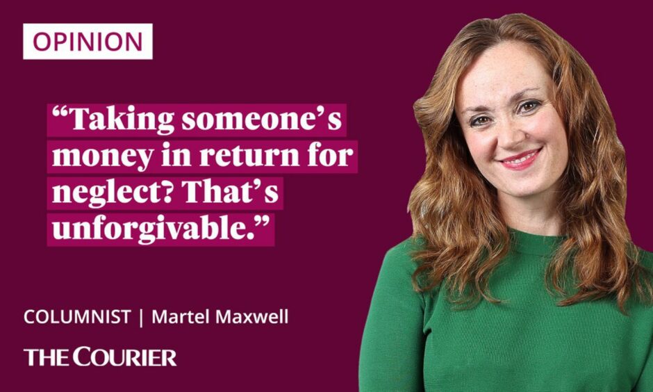 The writer Martel Maxwell next to a quote: "Taking someone's money in return for neglect? That's unforgivable."