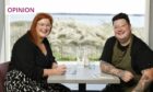 MasterChef winner Jamie Scott and wife Kelly seated at a restaurant table by a window with view of Broughty Ferry beach and the Tay estuary beyond.