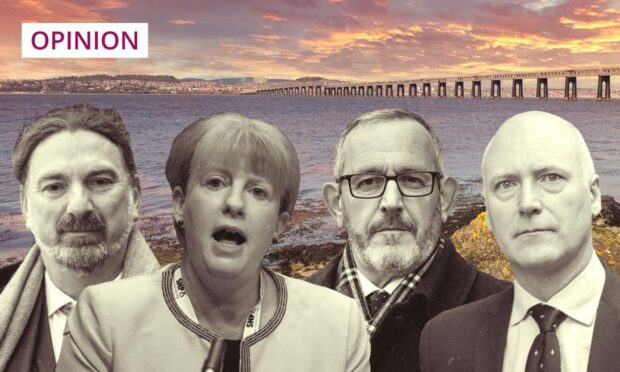 Portraits of Dundee SNP MPs and MSPs Chris Law, Shona Robison, Stuart Hosie and Joe FitzPatrick against backdrop of River Tay and Dundee.