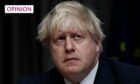 Close up of Boris Johnson with a serious expression against a black background.