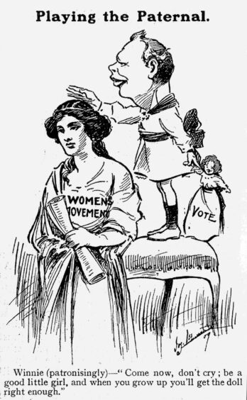 Newspaper cartoon depicting Churchill patting a woman on the head and holding a doll with the word 'vote' on its skirt. The caption reads: 'Winnie (patronisingly' - 'Come on now, don't cry. be a good little girl and when you grow up you'll get the doll right enough.'