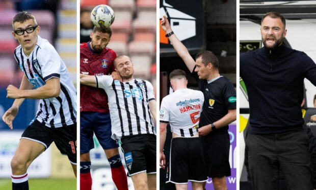 Dunfermline's Andrew Tod, Craifg Wighton and James McPake, and referee Euan Anderson. Images: SNS.