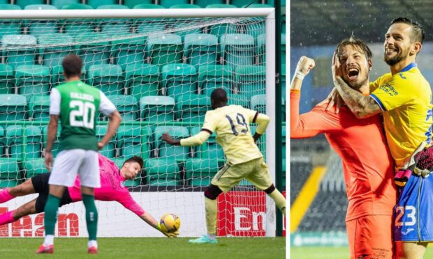 Kevin Dabrowski saves from Arsenal's Pepe while at Hibs and celebrating with Raith team-mate Dylan Easton. Images: SNS.