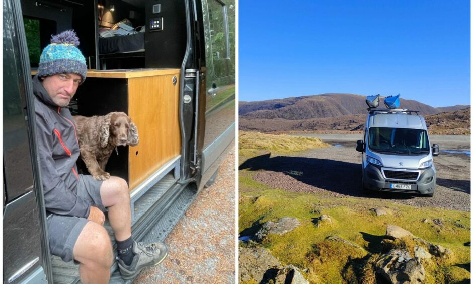 Camper van life can be a joy – but can also become a bit of a bumpy ride. Pictured: Allan Gray and his dog Brodie in Pitlochry; and Janek Mamino's camper in the Highlands.