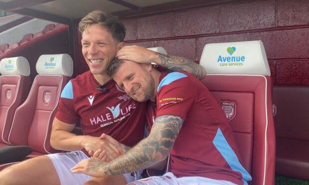 Ricky Little and Bobby Linn share a joke after starring for Arbroath FC for a final time.