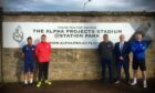 Forfar stars Roberto Nditi and Marc McCallum with director Paul Stephen and Alpha Projects' Paul Cortese launch the new stadium name. Image: Forfar Athletic