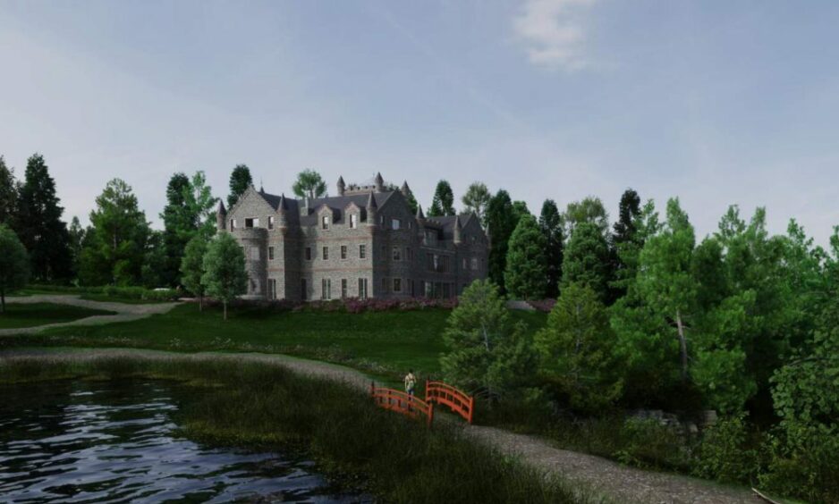 An artist's impression of how the castle will sit within the Perthshire estate. 