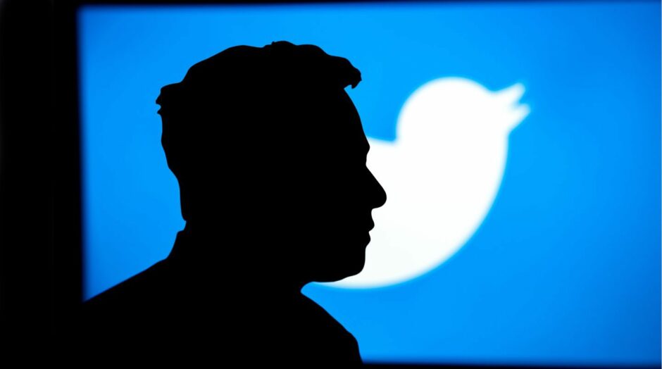 Silhouette of Twitter owner Elon Musk with Twitter symbol in the background.