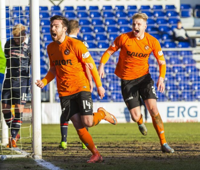 Ryan Dow celebrates scoring for Dundee United against Ross Count