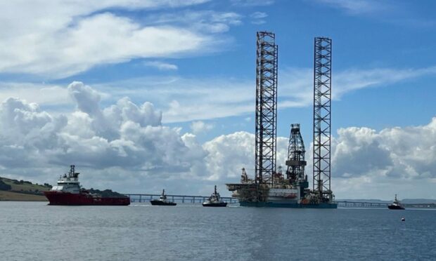 The Valaris Norway rig in the process of leaving Dundee to start a decommissioning job. Image: Valaris