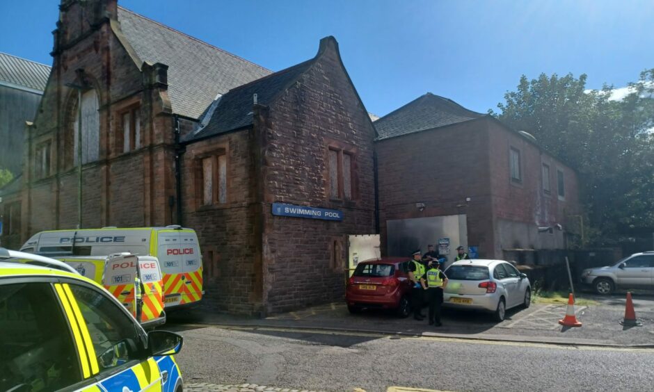 Emergency services at the old swimming pool in Forfar