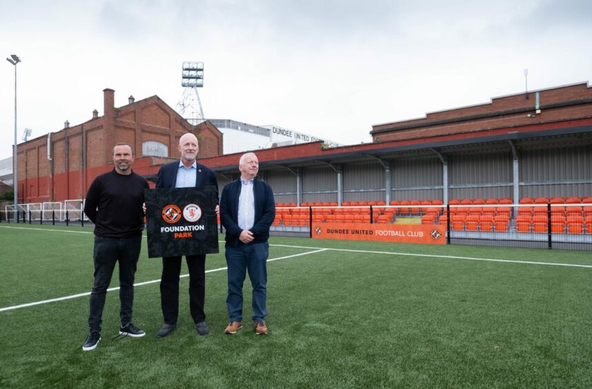 Mark Ogren is flanked by Dundee United academy director Paul Cowie, left, and DUSF steering committee member Ged Bell