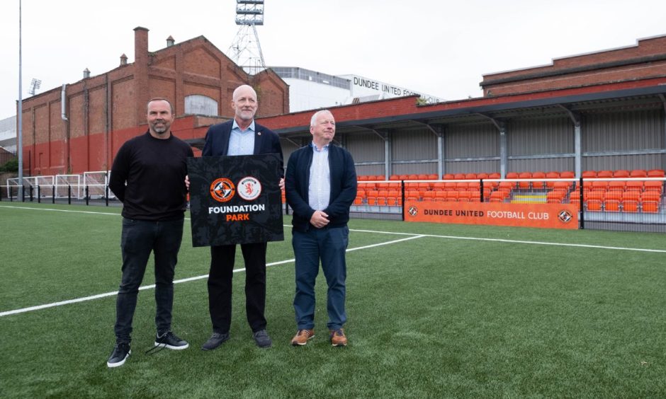 Mark Ogren is flanked by Dundee United academy director Paul Cowie, left, and DUSF steering committee member Ged Bell