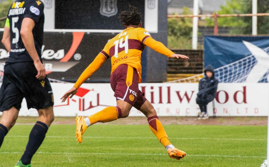 Theo Bair celebrates his opening day goal against Dundee.