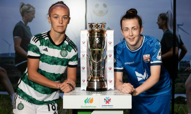 Montrose star Jade McLaren with Celtic's Caitlin Hayes before Sunday's SWPL opener. Image: SNS