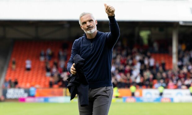 Jim Goodwin leaves the field at Tannadice following Dundee United's draw with Dunfermline.
